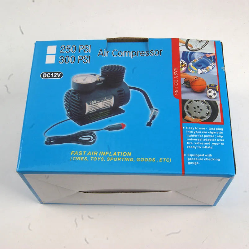 Black 12V electric air pump with 100cm power cord, 40cm inflatable tube and cigarette lighter plug for car tires and balloons