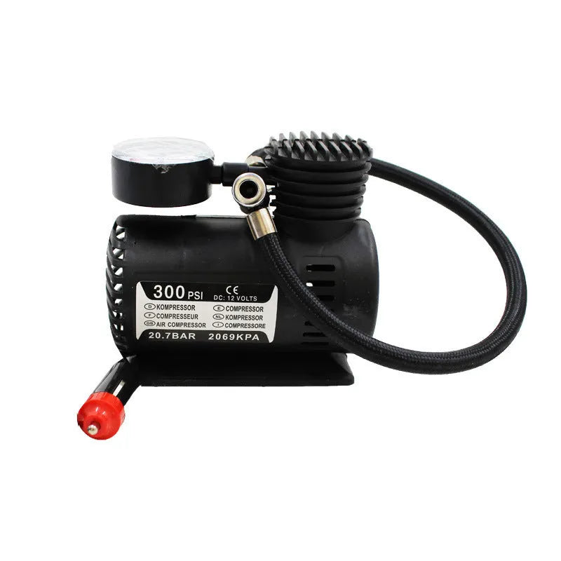 Black 12V electric air pump with 100cm power cord, 40cm inflatable tube and cigarette lighter plug for car tires and balloons