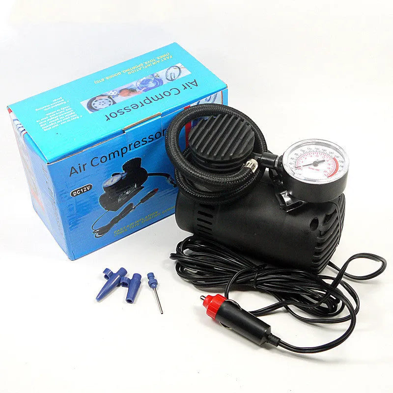 Black 12V electric air pump with 100cm power cord, 40cm inflatable tube and cigarette lighter plug for car tires and balloons