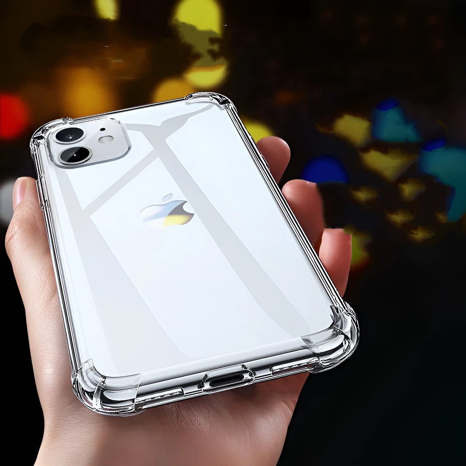 Transparent solid white silicone shockproof case for Apple iPhone on a table.