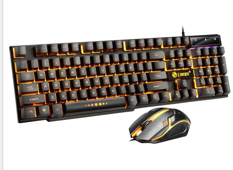 GTX300 wired gaming keyboard and mouse set on a desktop, showing backlit keys.