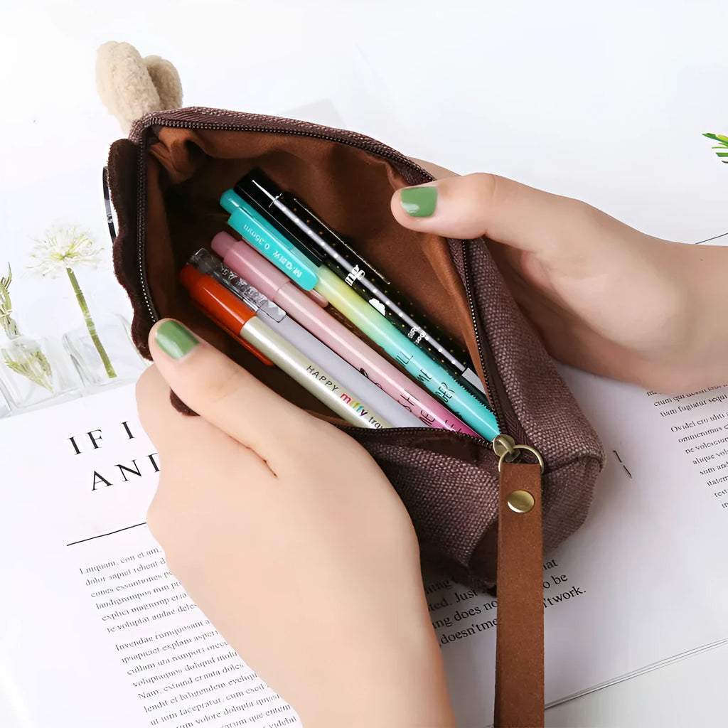 Coconut Horse canvas pencil case in brown, large capacity multifunctional cartoon stationery bag for school and office use.