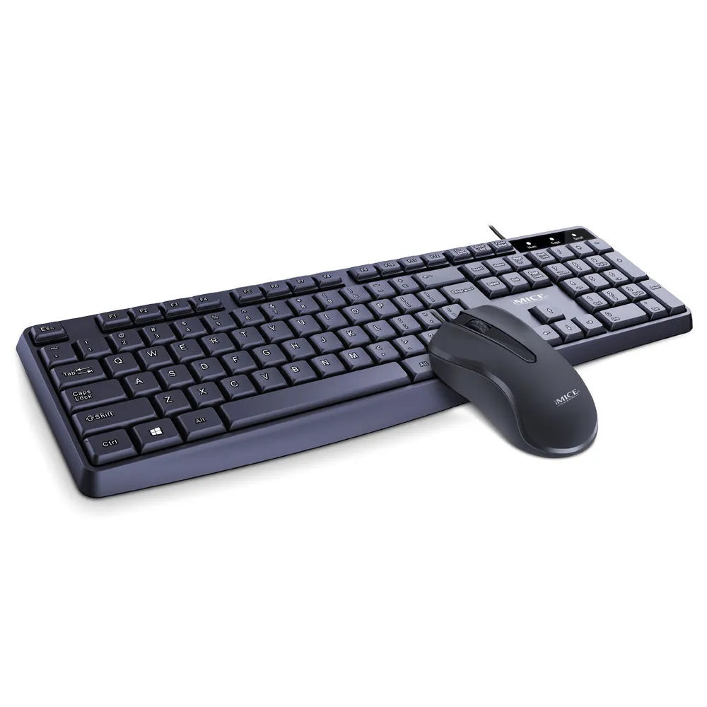 KM-520 black wired keyboard and mouse set with 104 keys and USB cables on a desk