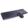 KM-520 black wired keyboard and mouse set with 104 keys and USB cables on a desk