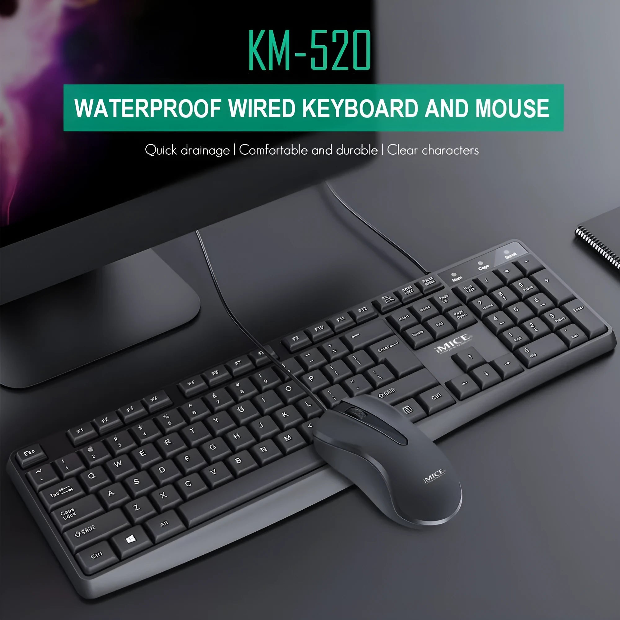 KM-520 black wired keyboard and mouse set with 104 keys and USB cables on a desk