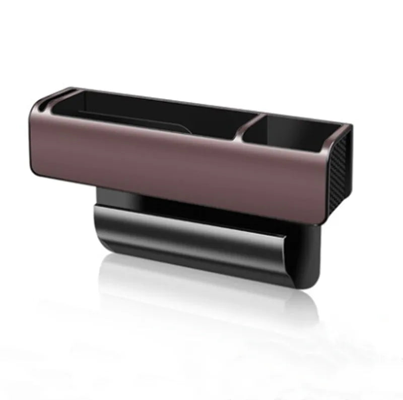 Car seat gap storage box in black PU leather measuring 270 x 157 x 68 mm