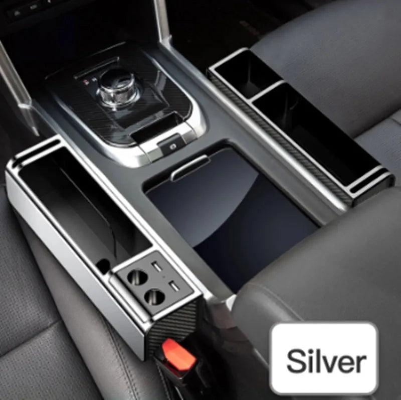Car seat gap storage box in black PU leather measuring 270 x 157 x 68 mm