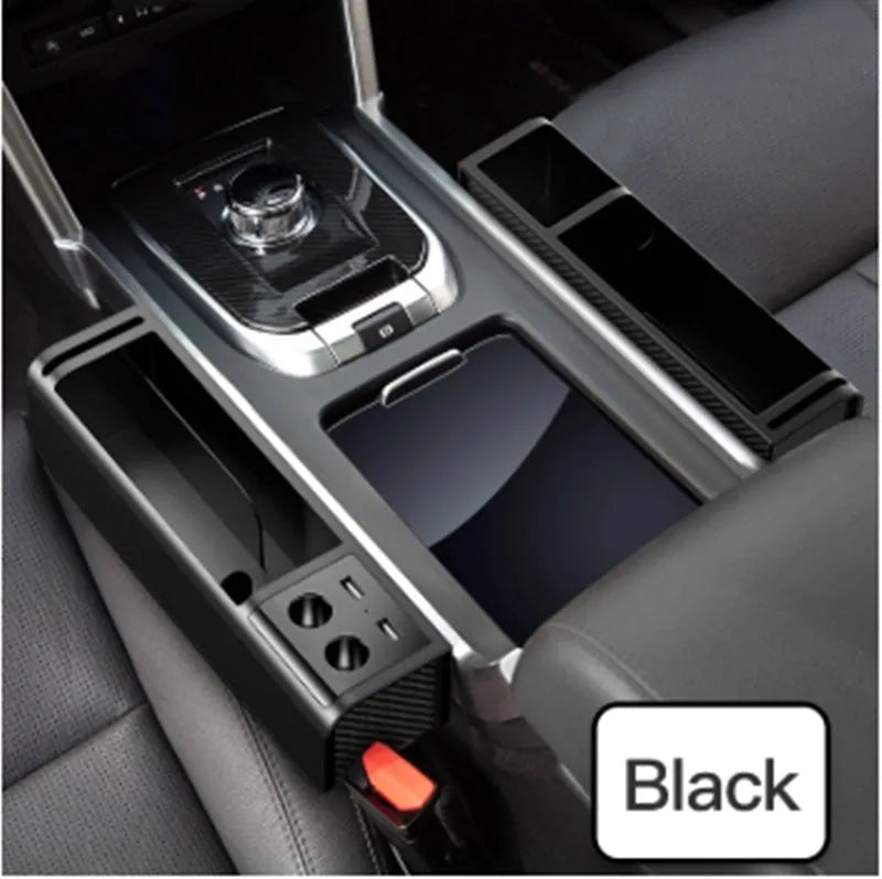 Car seat gap storage box in black PU leather measuring 270 x 157 x 68 mm