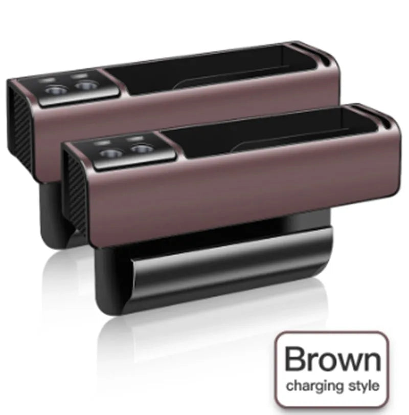Car seat gap storage box in black PU leather measuring 270 x 157 x 68 mm