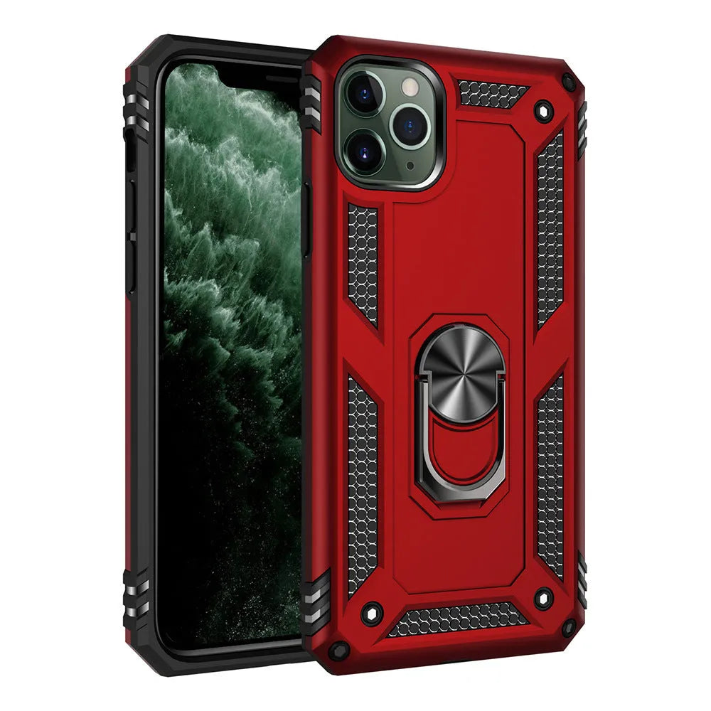Car phone holder with anti-drop shell case for Apple iPhone, shown in multiple colours including dark green and rose gold.
