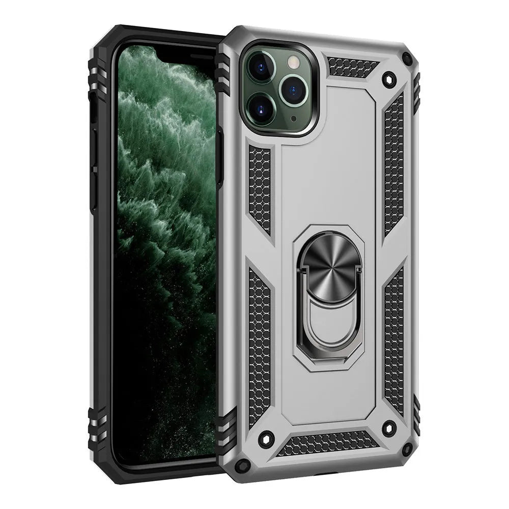 Car phone holder with anti-drop shell case for Apple iPhone, shown in multiple colours including dark green and rose gold.