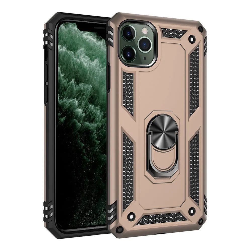 Car phone holder with anti-drop shell case for Apple iPhone, shown in multiple colours including dark green and rose gold.