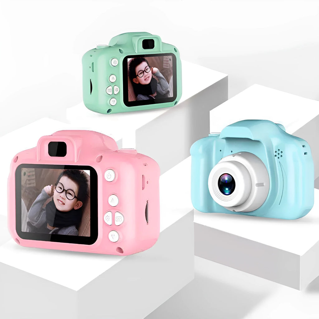 Children's HD digital waterproof camera with 2.3 inch screen and 800W pixel sensor, shown in blue, green, and pink
