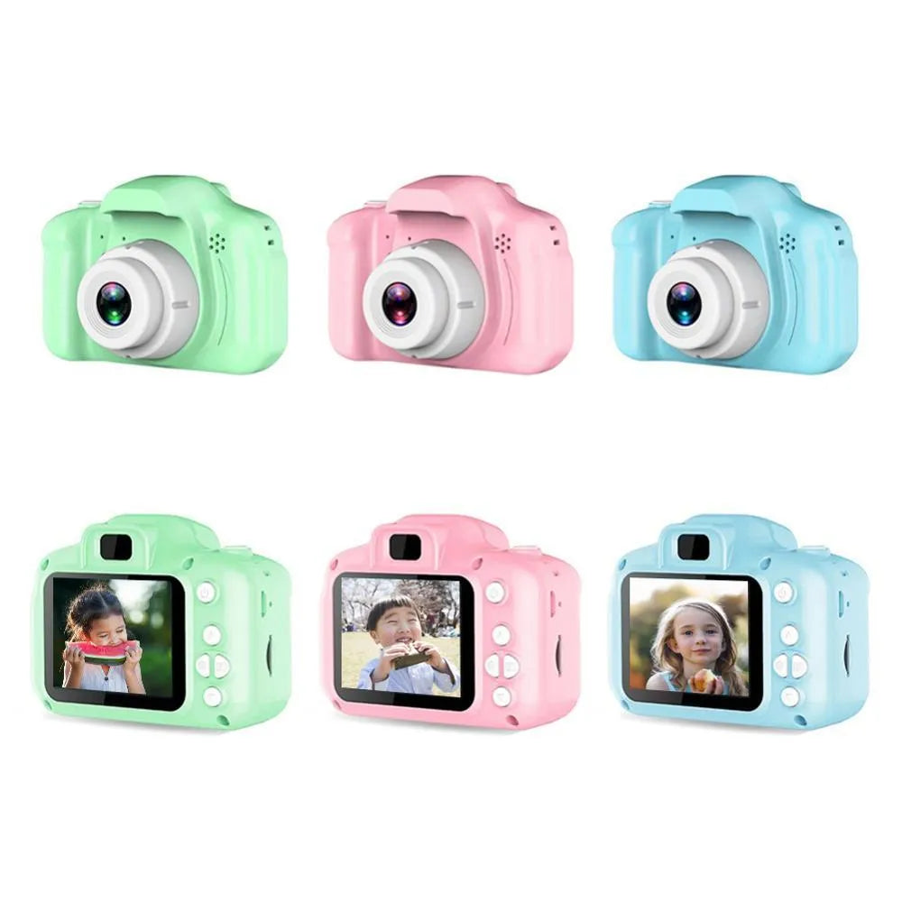 Children's HD digital waterproof camera with 2.3 inch screen and 800W pixel sensor, shown in blue, green, and pink