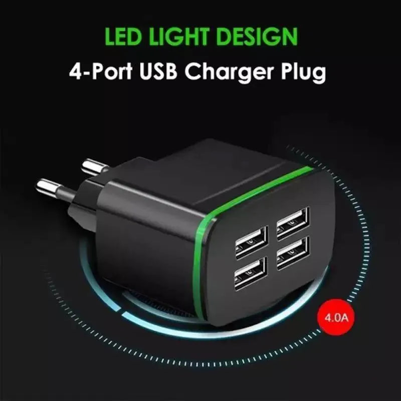 Universal travel charging head with USB interface and built-in light in black, for smartphones and tablets
