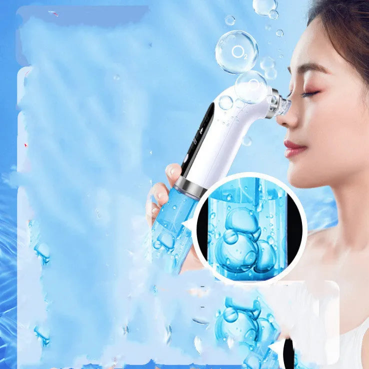 Electric vacuum blackhead acne pore cleaner with six probes and USB charger on white background