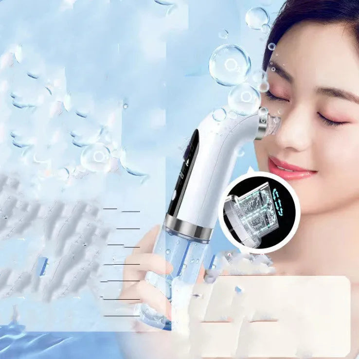 Electric vacuum blackhead acne pore cleaner with six probes and USB charger on white background