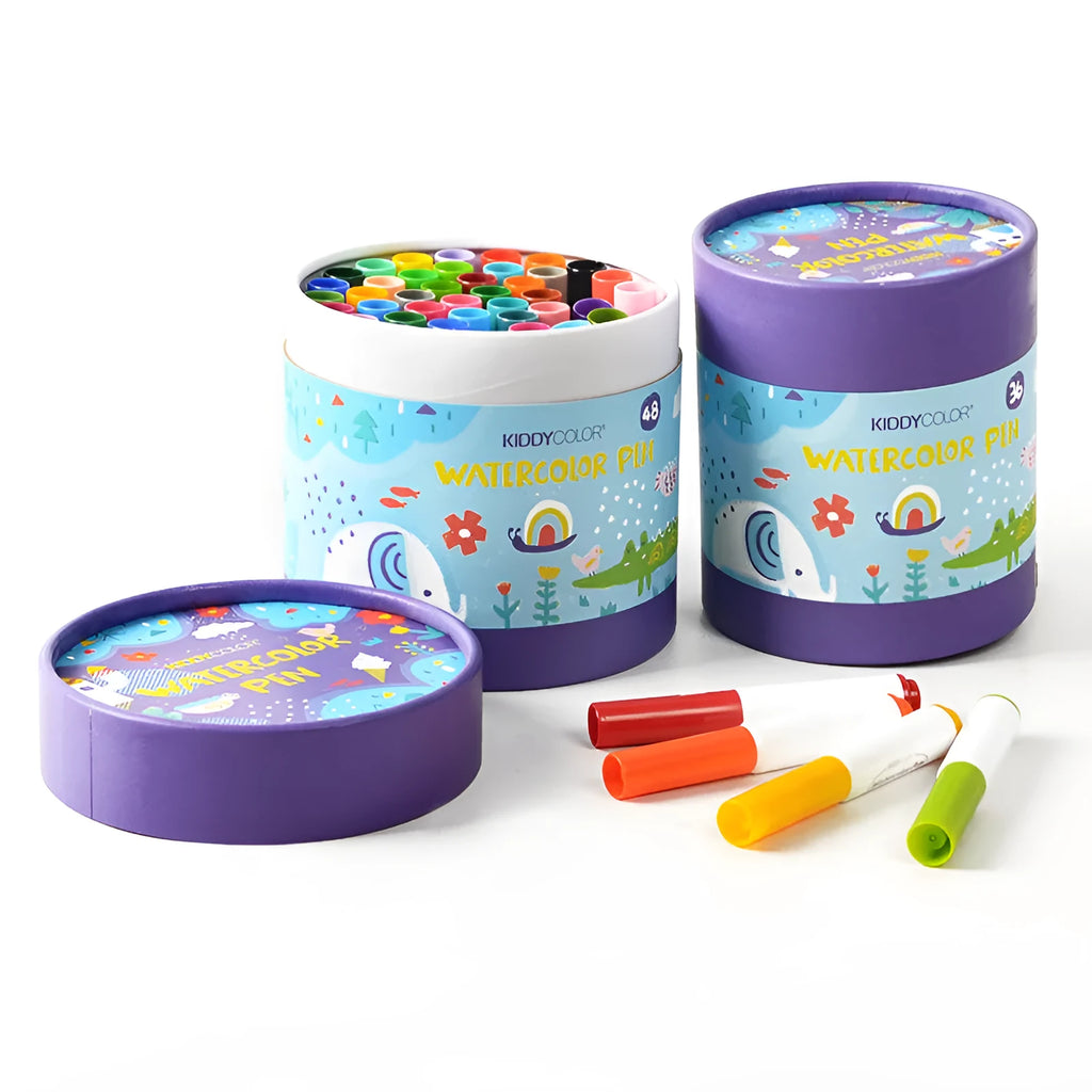 Set of children's washable watercolour brush pens in plastic barrels, showing 36 or 48 colour options.