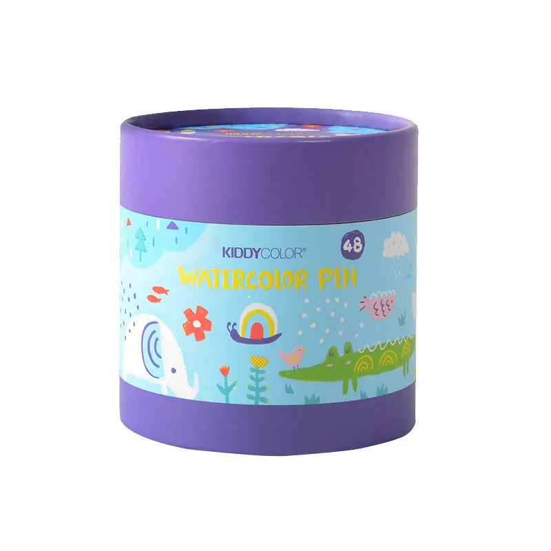Set of children's washable watercolour brush pens in plastic barrels, showing 36 or 48 colour options.