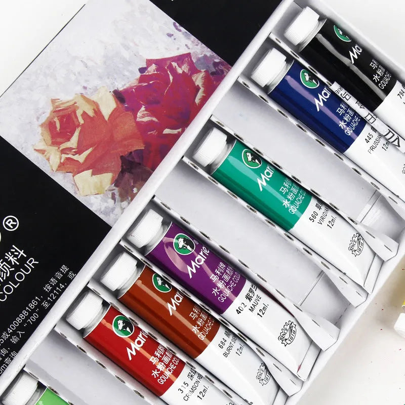 Marley gouache paint set showing 12ml tubes in boxed packaging with multiple colour options