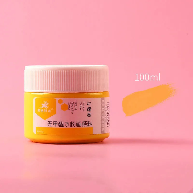 Bottled 100g gouache paint for beginners in eight different colours.