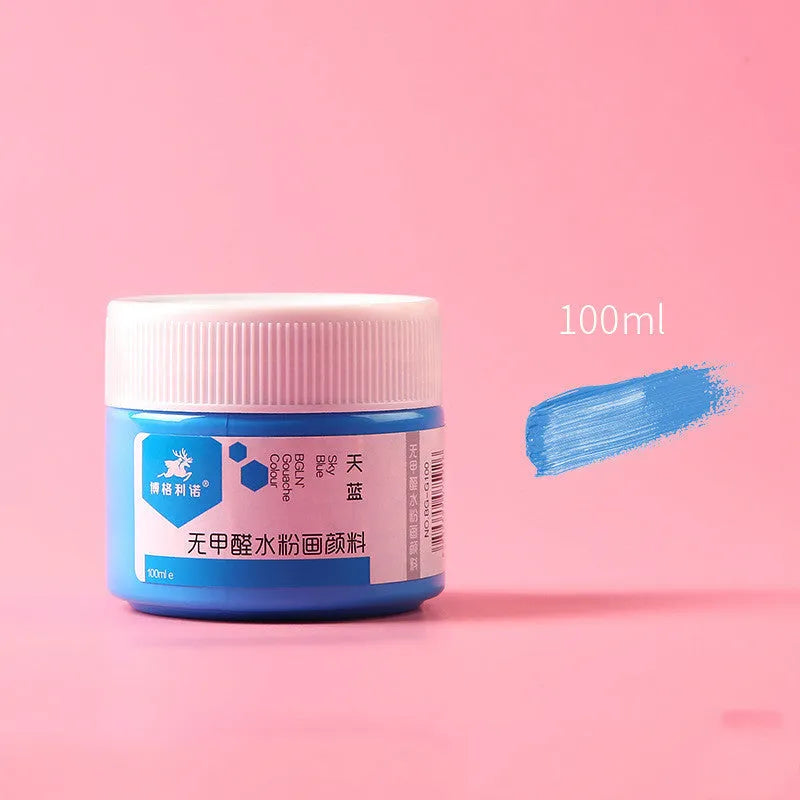 Bottled 100g gouache paint for beginners in eight different colours.