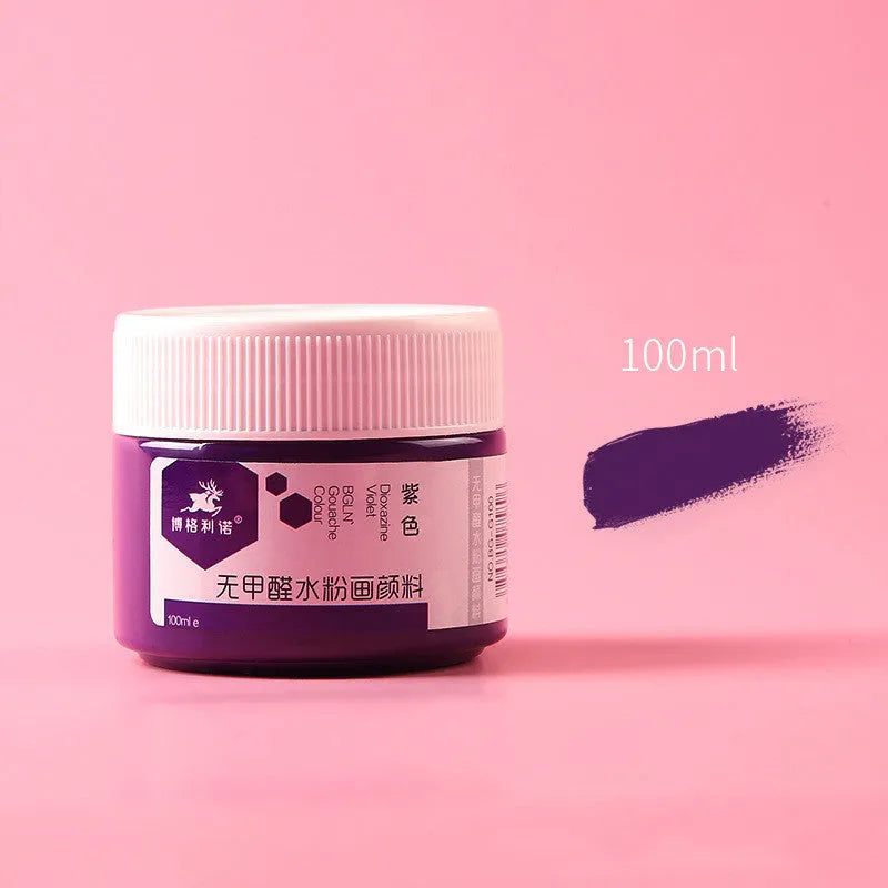 Bottled 100g gouache paint for beginners in eight different colours.