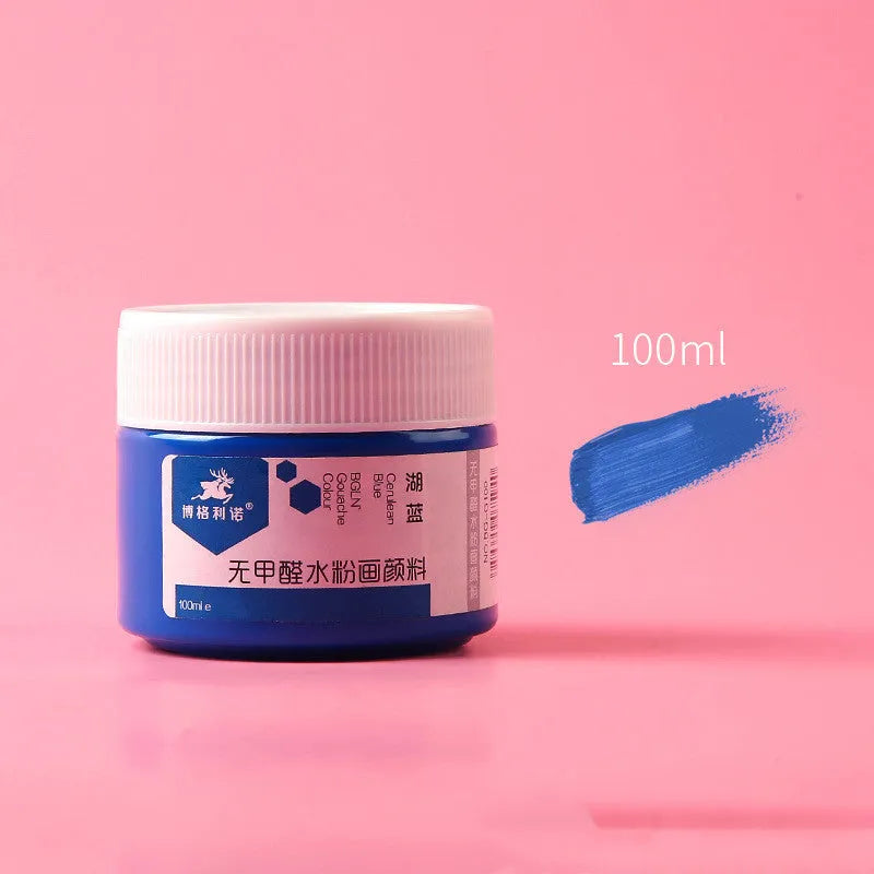 Bottled 100g gouache paint for beginners in eight different colours.