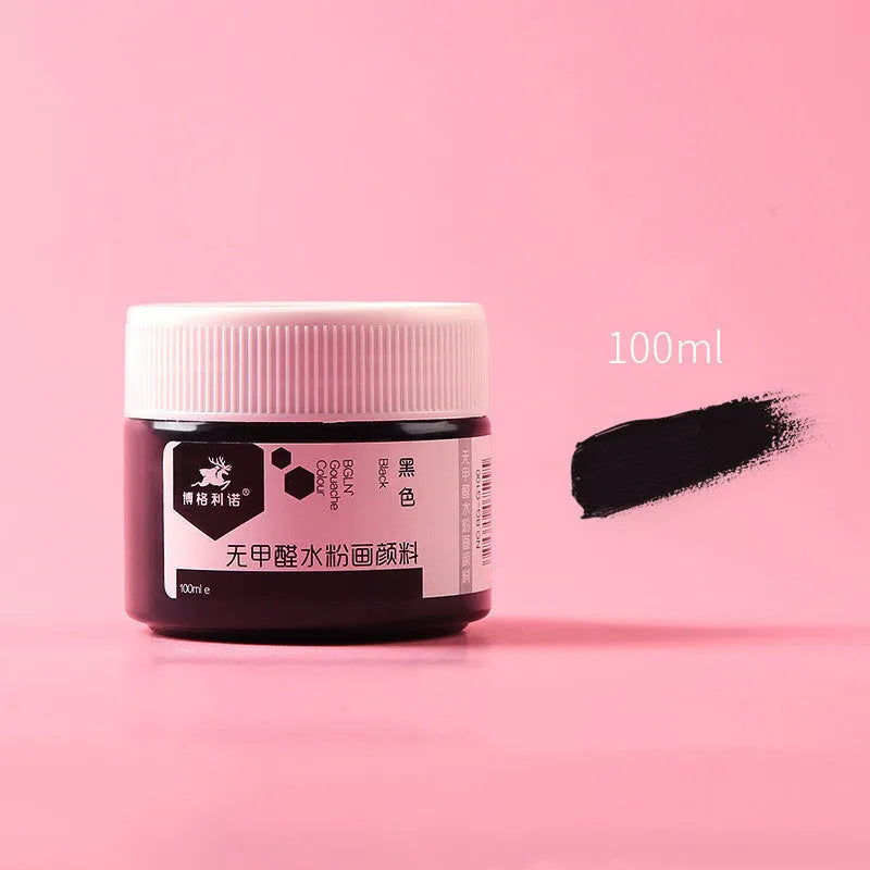 Bottled 100g gouache paint for beginners in eight different colours.