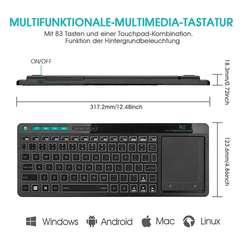 K18+ black wireless keyboard with touchpad and RGB backlighting, USB interface