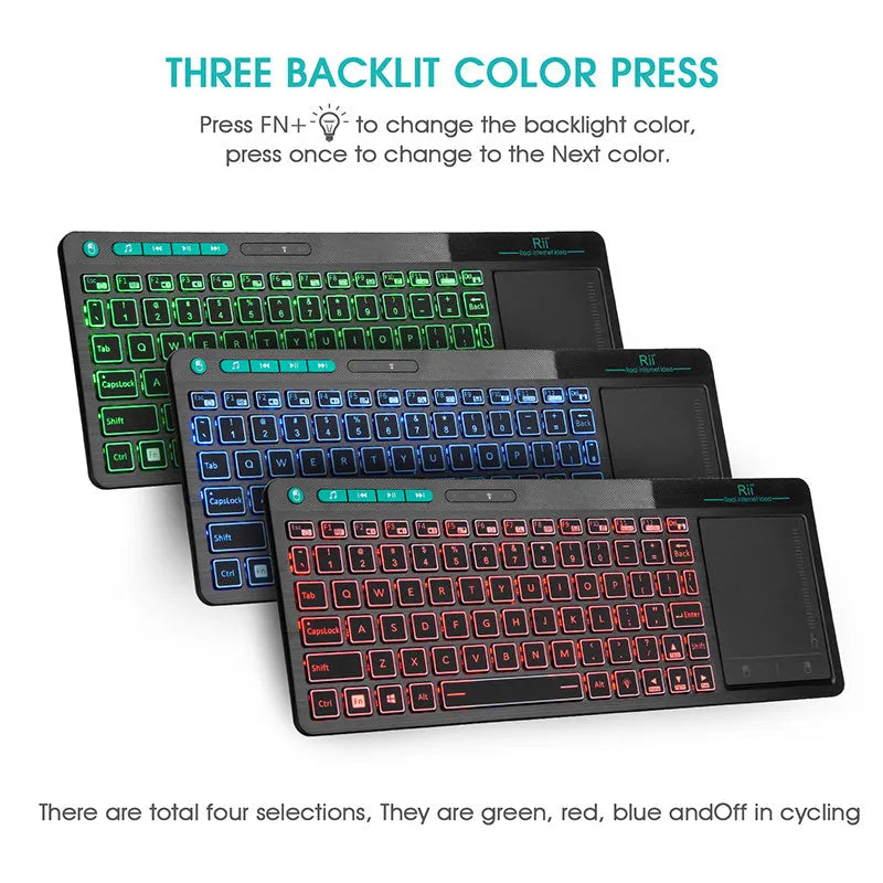 K18+ black wireless keyboard with touchpad and RGB backlighting, USB interface