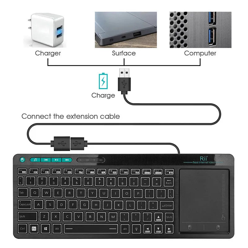K18+ black wireless keyboard with touchpad and RGB backlighting, USB interface