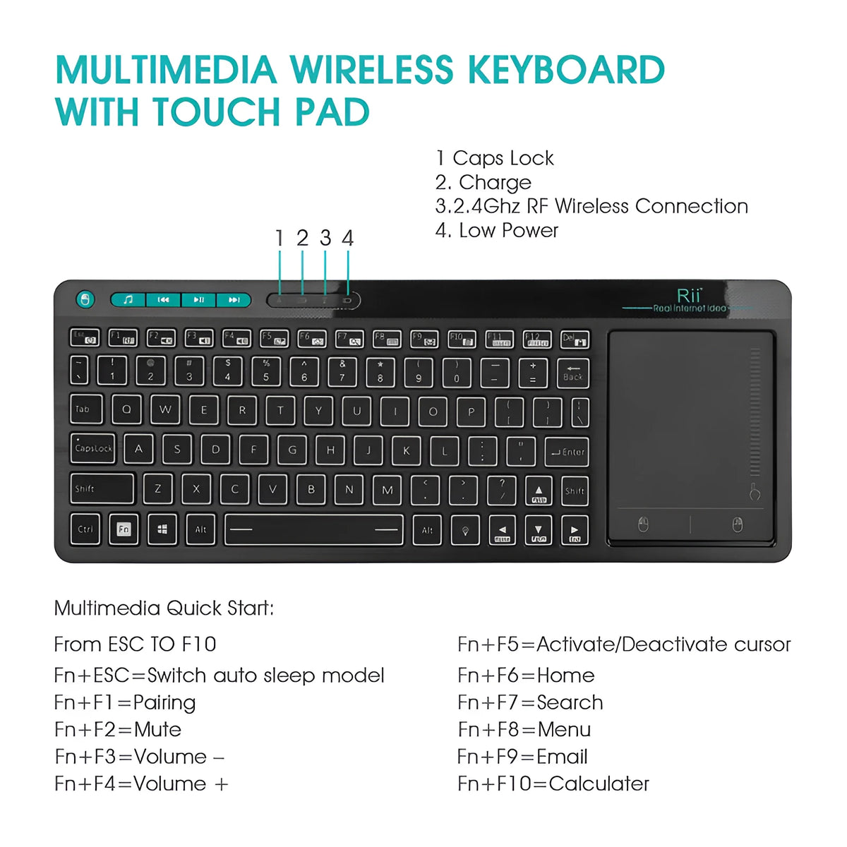 K18+ black wireless keyboard with touchpad and RGB backlighting, USB interface