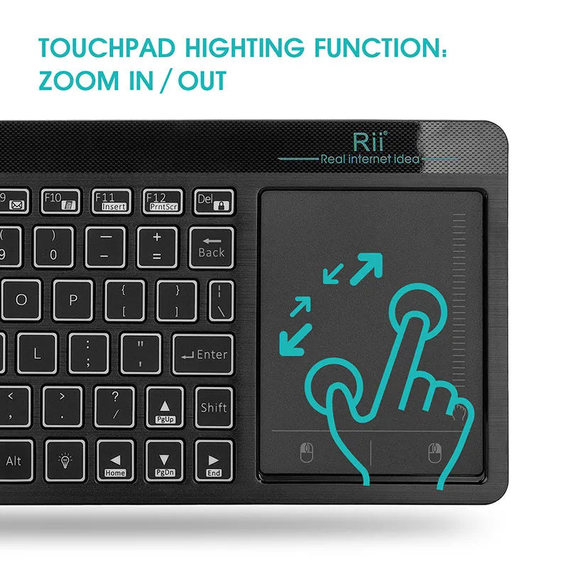 K18+ black wireless keyboard with touchpad and RGB backlighting, USB interface