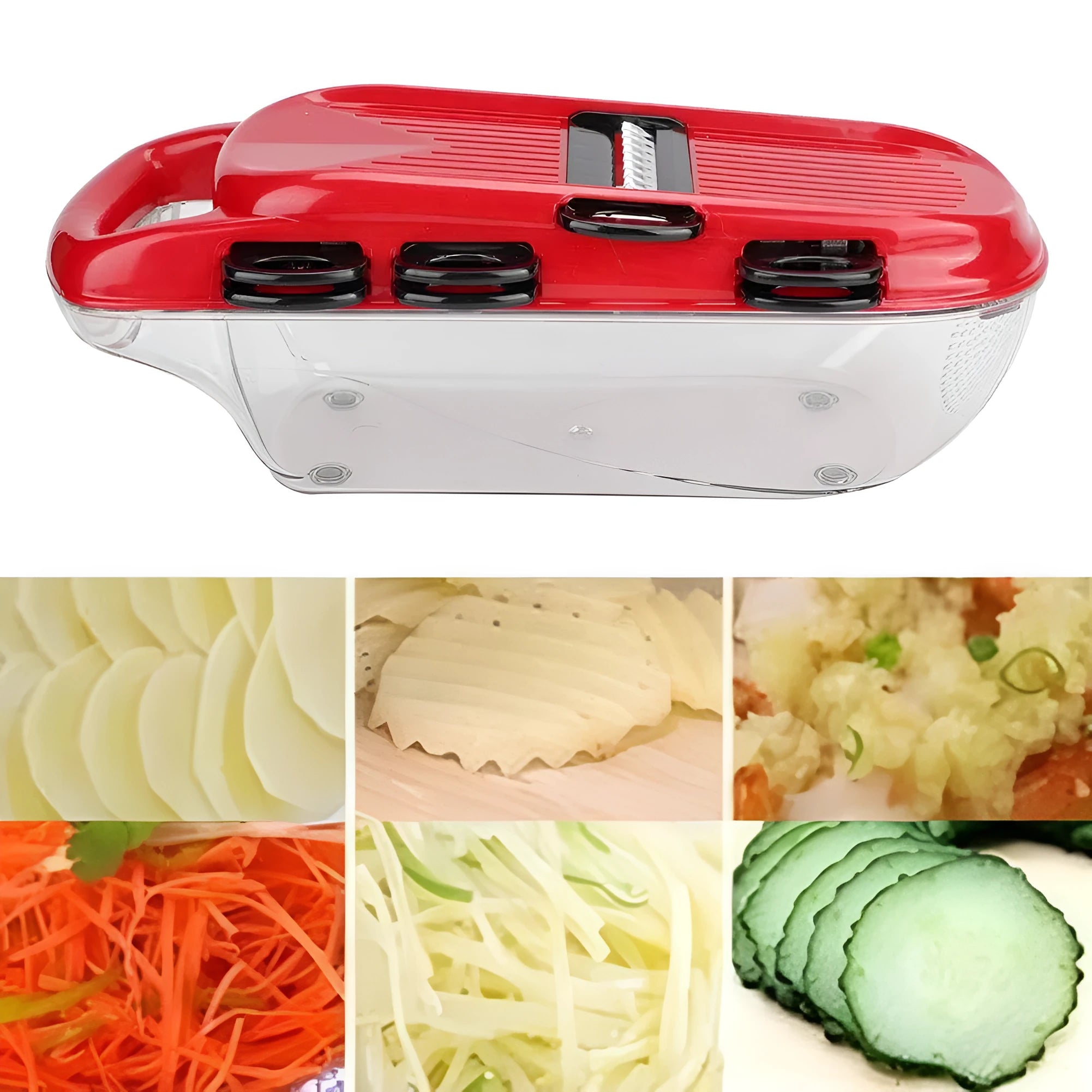 Red multi-function vegetable cutter with seven stainless steel blades, a plastic body, and a hand guard.
