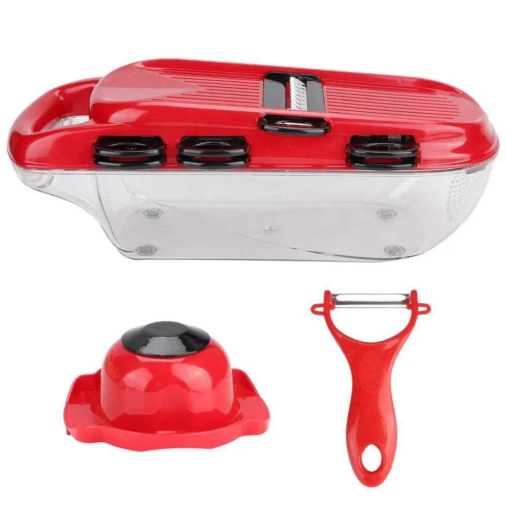 Red multi-function vegetable cutter with seven stainless steel blades, a plastic body, and a hand guard.