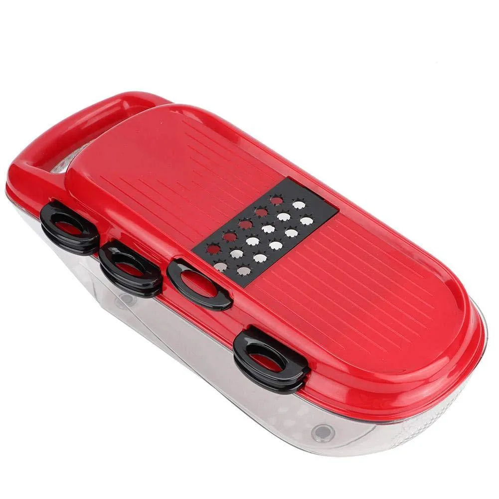 Red multi-function vegetable cutter with seven stainless steel blades, a plastic body, and a hand guard.
