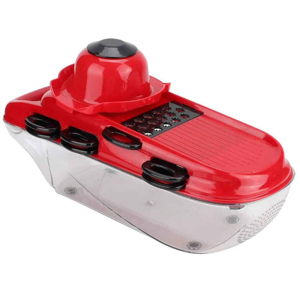 Red multi-function vegetable cutter with seven stainless steel blades, a plastic body, and a hand guard.