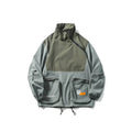 Men's loose cotton cargo jacket with contrasting colours, straight hem, and paste pockets in black or army green.