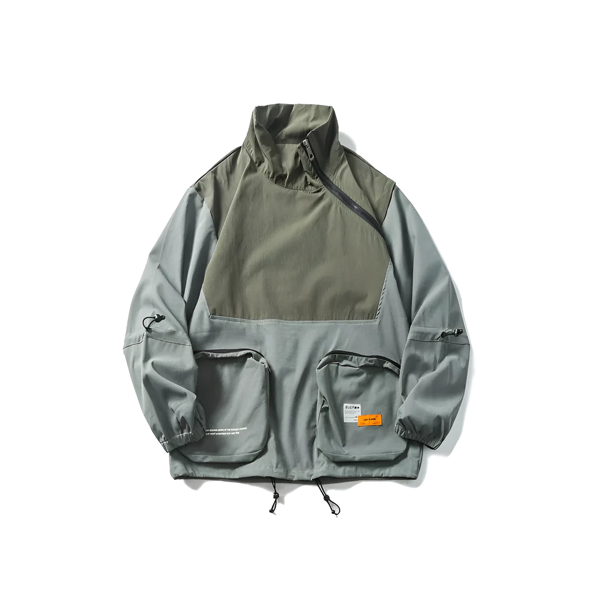 Men's loose cotton cargo jacket with contrasting colours, straight hem, and paste pockets in black or army green.