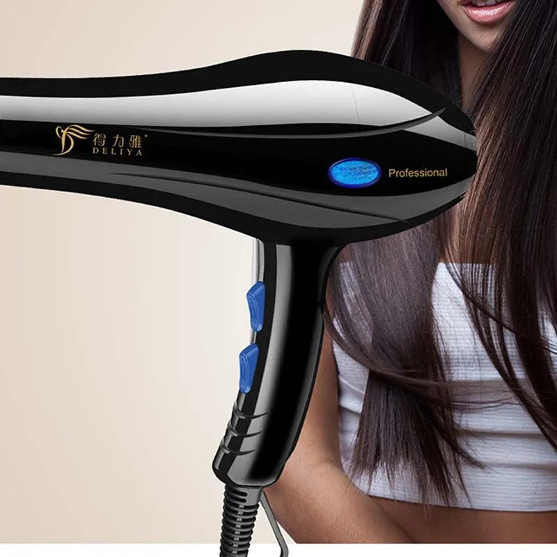 Black 2000W negative ion hair dryer with five speed controls, nozzles, and modelling hood on a white background