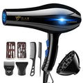 Black 2000W negative ion hair dryer with five speed controls, nozzles, and modelling hood on a white background