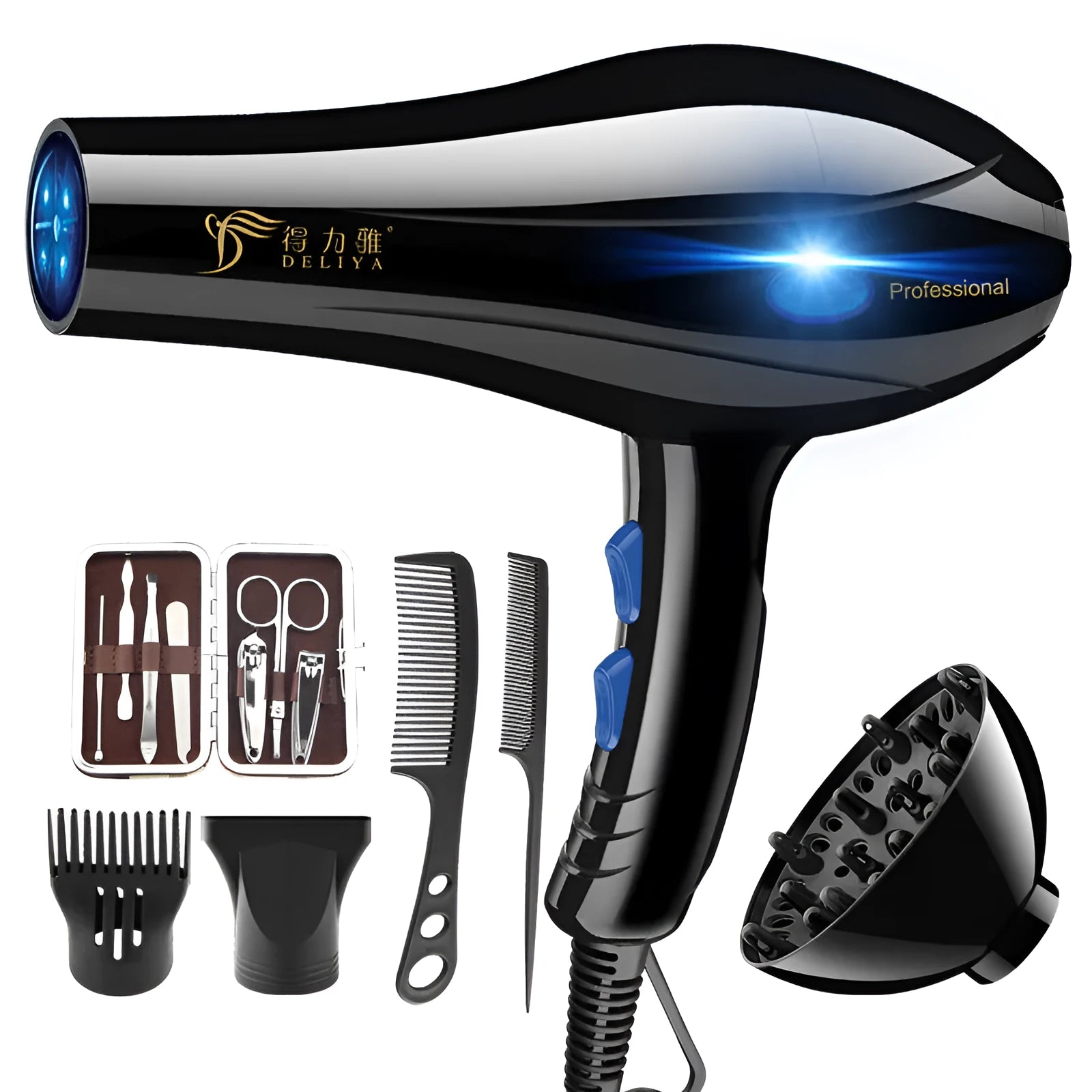Black 2000W negative ion hair dryer with five speed controls, nozzles, and modelling hood on a white background
