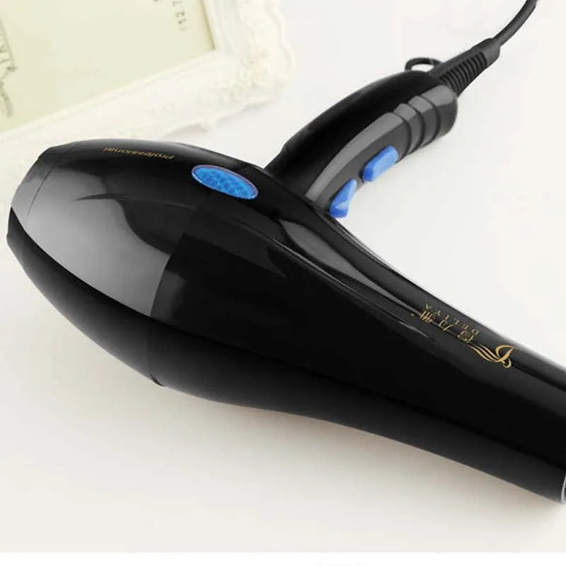 Black 2000W negative ion hair dryer with five speed controls, nozzles, and modelling hood on a white background