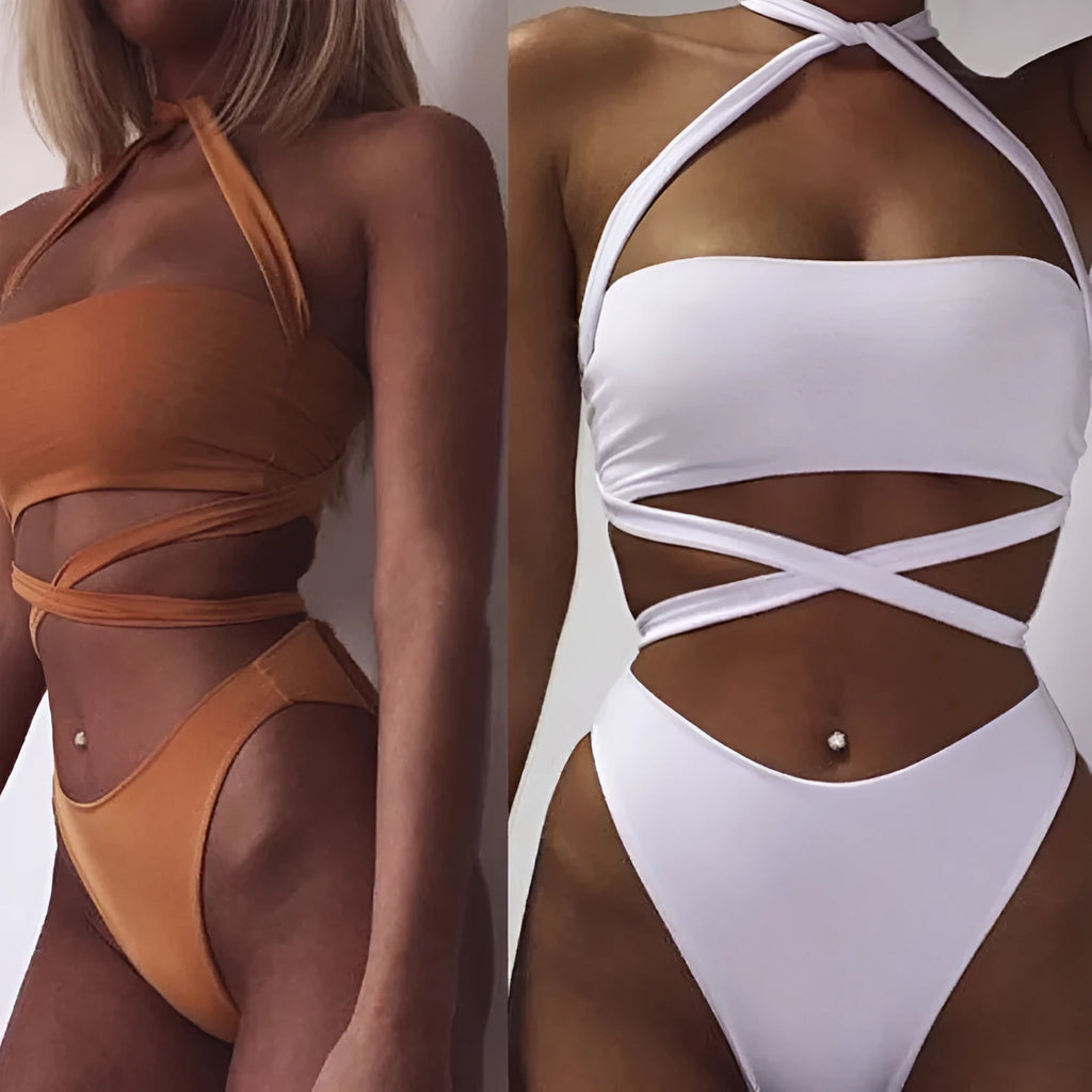 Women's two-piece split swimsuit in white, orange, or army green, cotton-blend polyester, open back, sizes S- XL
