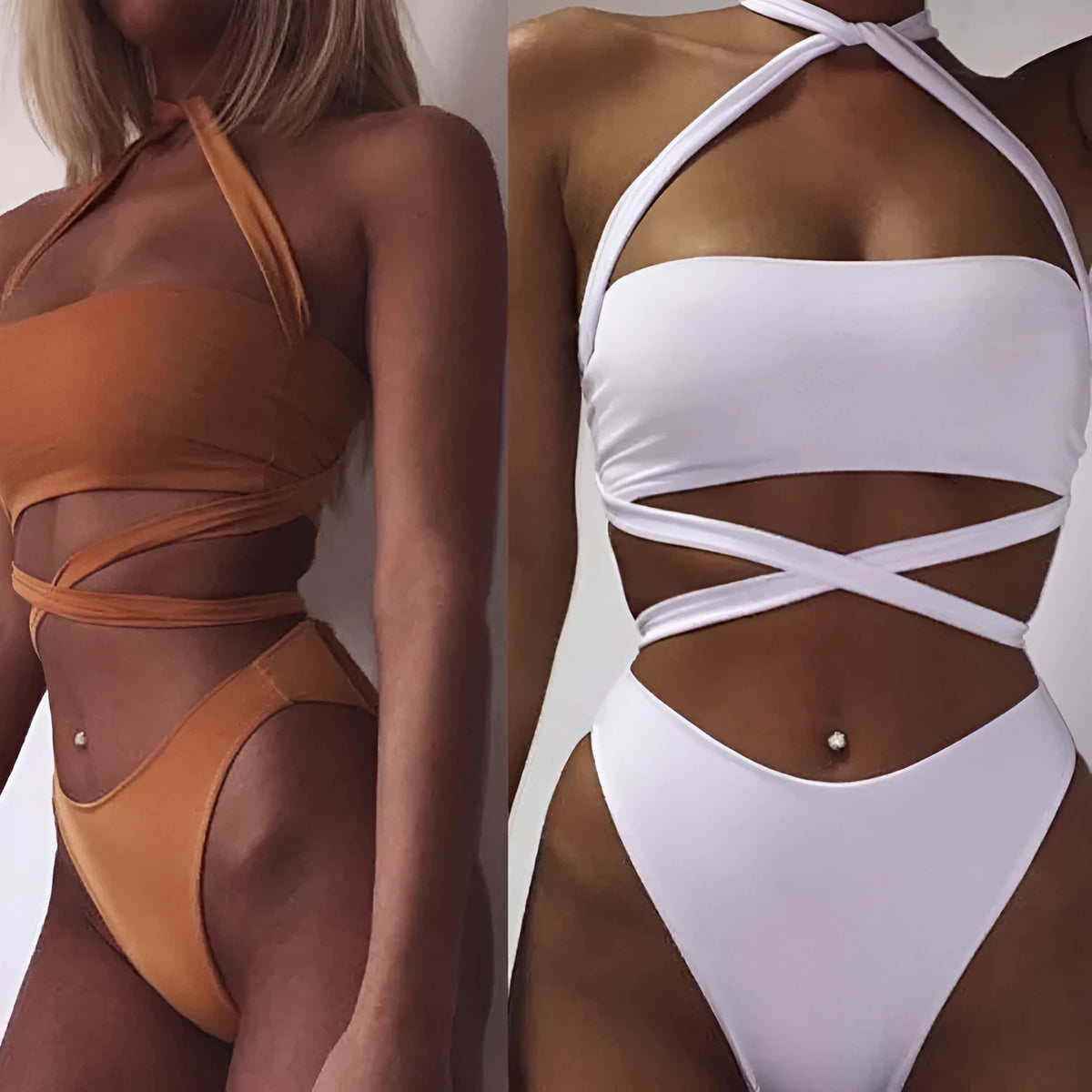 Women's two-piece split swimsuit in white, orange, or army green, cotton-blend polyester, open back, sizes S- XL