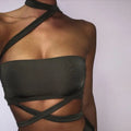 Women's two-piece split swimsuit in white, orange, or army green, cotton-blend polyester, open back, sizes S- XL