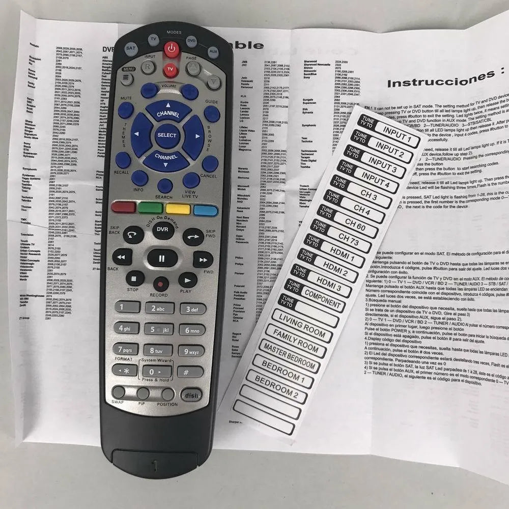 Black universal remote control for DISH Network satellite receivers with flat button design.