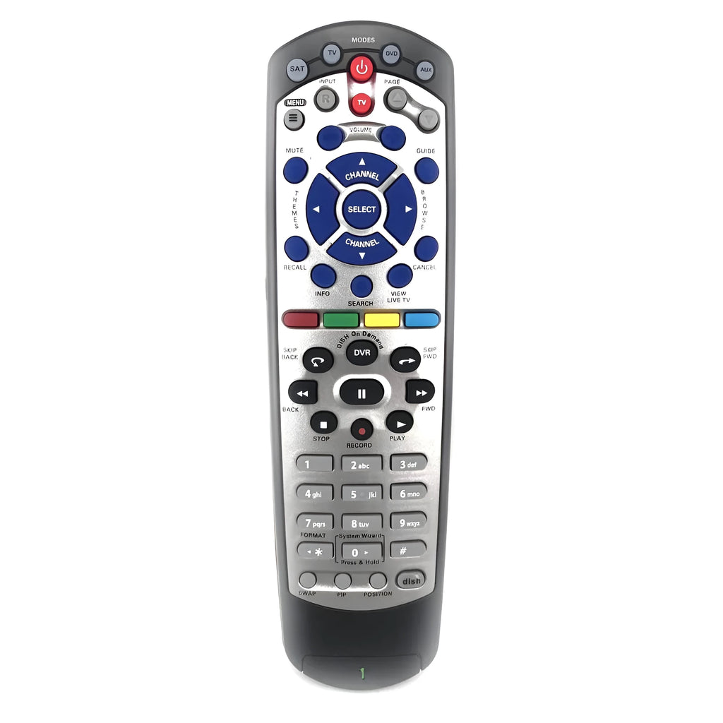 Black universal remote control for DISH Network satellite receivers with flat button design.