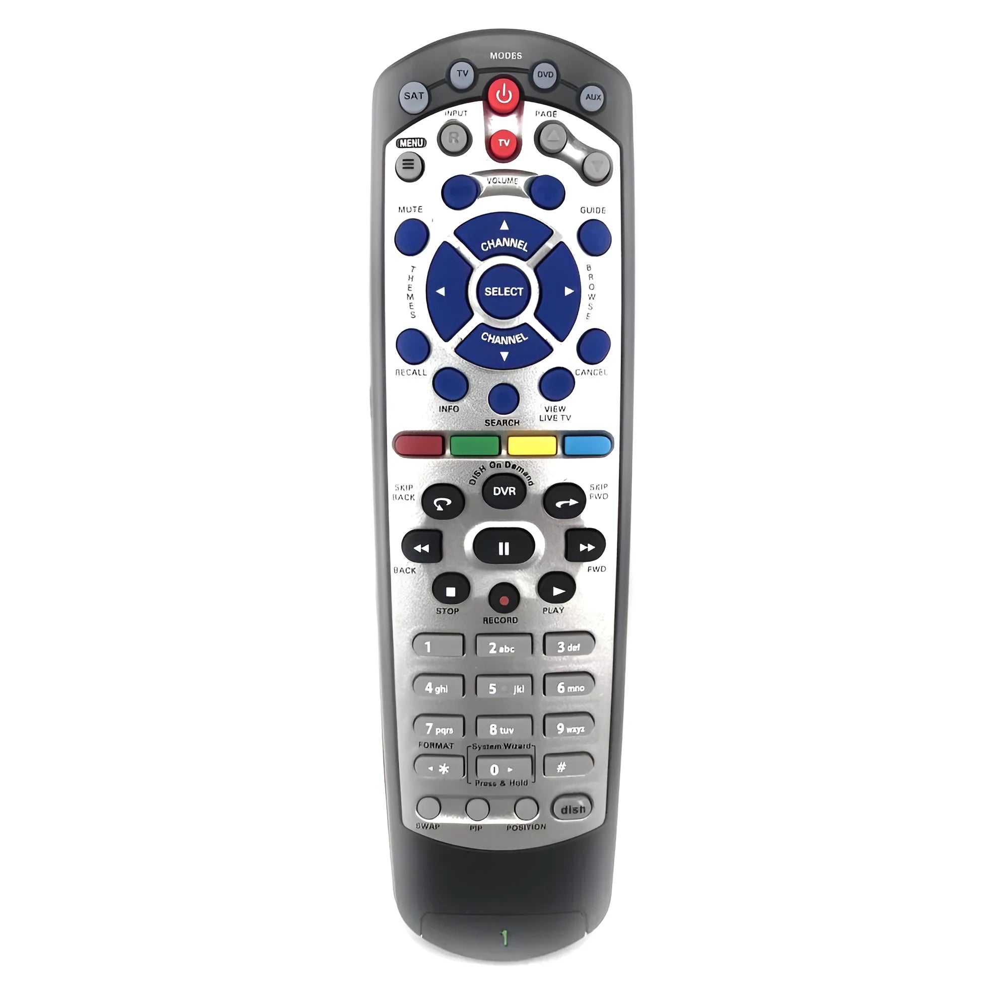 Black universal remote control for DISH Network satellite receivers with flat button design.